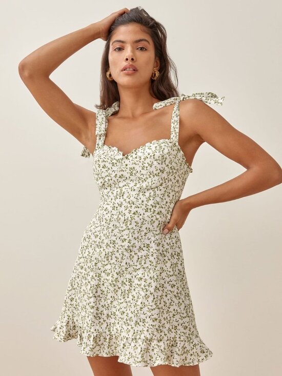 Reformation Desiree Linen Mini Tie Shoulder Dress in Ivy - Picture 3 of 8